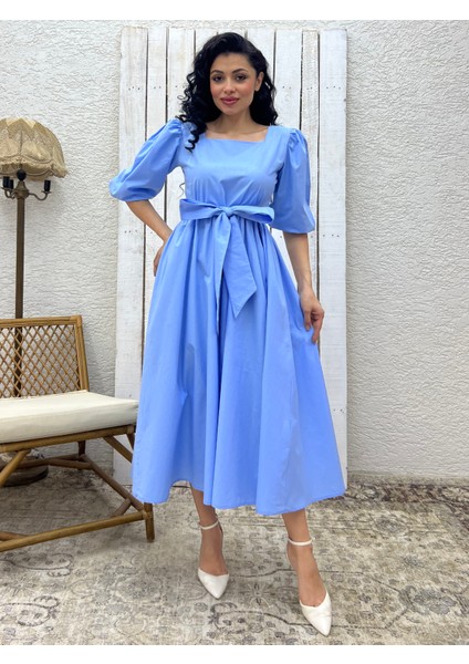 Bebe Mavi Uzun Fiyonklu Kloş Poplin Elbise