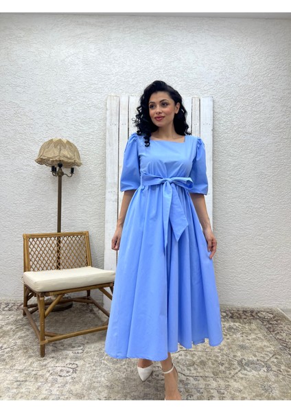 Bebe Mavi Uzun Fiyonklu Kloş Poplin Elbise modelleri