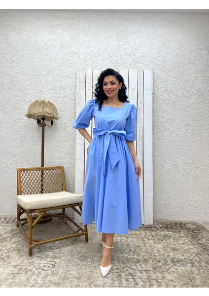 Bebe Mavi Uzun Fiyonklu Kloş Poplin Elbise fırsatları