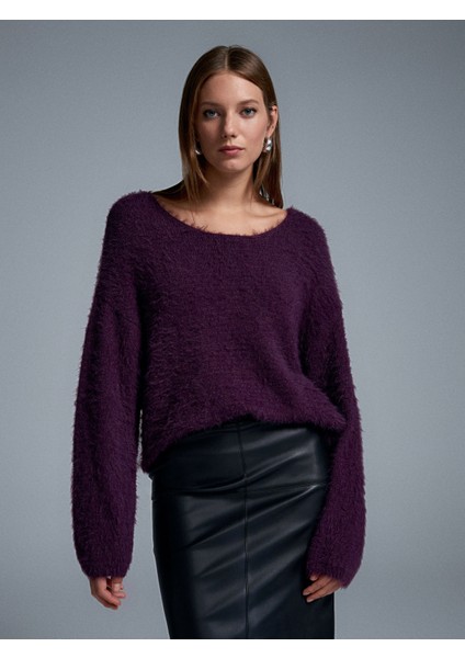 10806 Kayık Yaka Yumuşak Dokulu Triko Kazak-Mürdüm