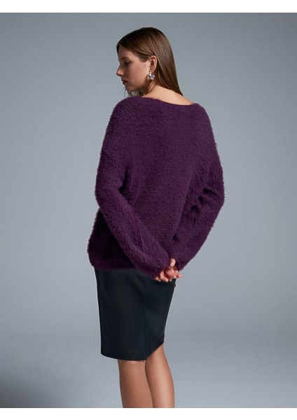 10806 Kayık Yaka Yumuşak Dokulu Triko Kazak-Mürdüm fiyatları