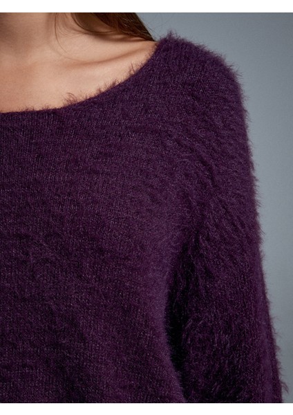 10806 Kayık Yaka Yumuşak Dokulu Triko Kazak-Mürdüm fırsatları