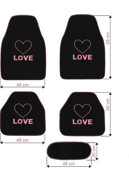 Kalp ve Aşk Desenli Pembe Nakışlı 5'li Oto Halı Paspas Seti | Love Yazı Detaylı Araba Paspas Takımı fiyatları