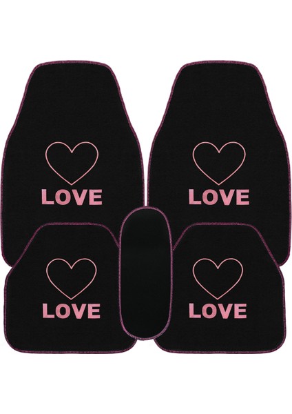 Kalp ve Aşk Desenli Pembe Nakışlı 5'li Oto Halı Paspas Seti | Love Yazı Detaylı Araba Paspas Takımı modelleri