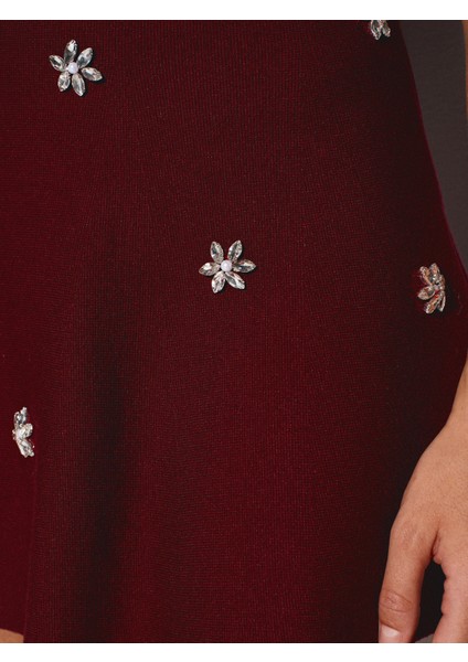 80119 Beli Lastikli Taş Işlemeli Triko Etek-Koyu Bordo fırsatları