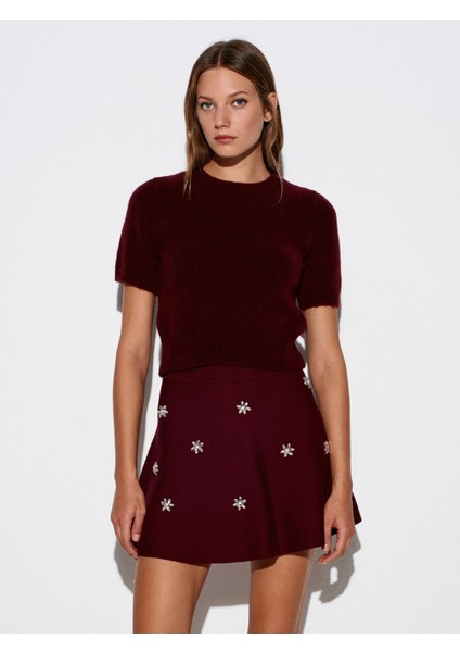 80119 Beli Lastikli Taş Işlemeli Triko Etek-Koyu Bordo indirimleri