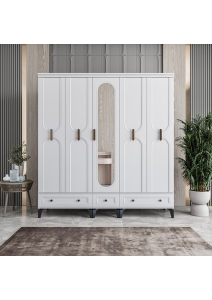 Loren 5 Kapaklı Çekmeceli Gardırop Tamamı Mdf (Beyaz)