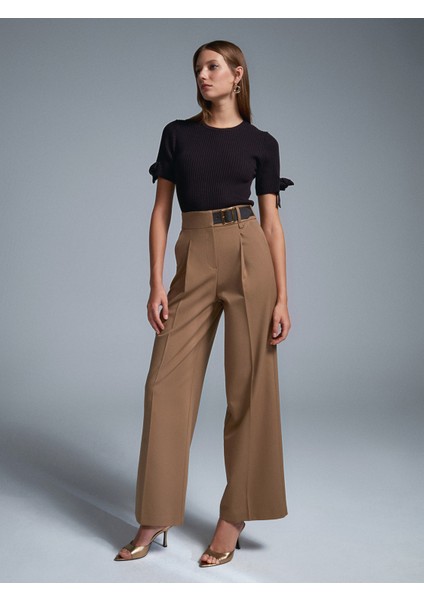 72200 Kemerli Çizgili Pantolon-Camel modelleri