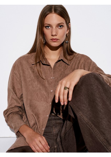 50524 Oversize Süet Gömlek-Vizon modelleri