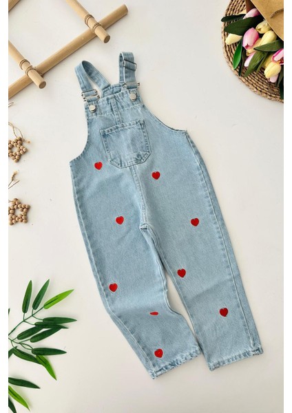 Kalp Işleme Kız Çocuk Kot salopet - Kırmızı