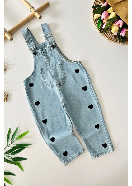 Kalp Işleme Kız Çocuk Kot salopet - Siyah