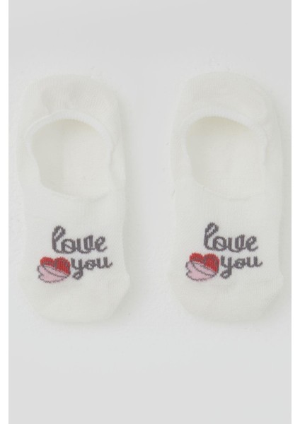 Kız Çocuk Babet Çorap Sevgi Temalı Kalp Baskılı 5-14 Yaş, Ekru