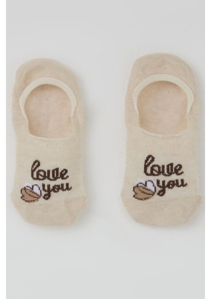 Kız Çocuk Babet Çorap Sevgi Temalı Kalp Baskılı 5-14 Yaş, Krem