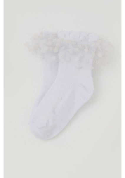 Kız Çocuk Soket Çorap Bilek Kısmı Tül Detaylı 1-4 Yaş, Beyaz