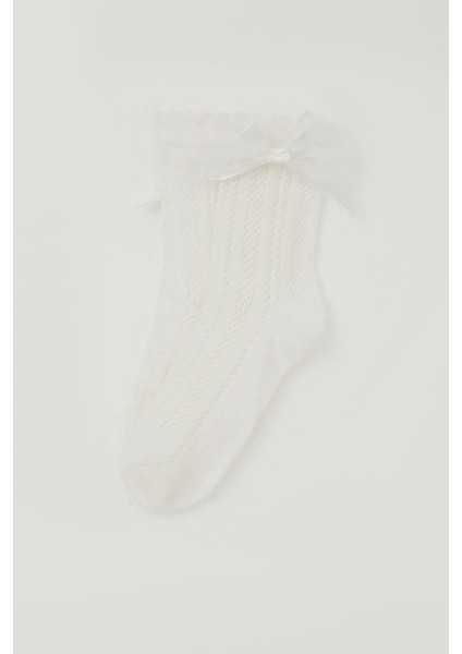 Kız Çocuk File Soket Çorap Bilek Kısmı Fiyonk Aksesuarlı 7-8 Yaş, Ekru