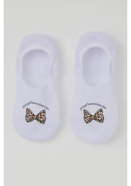 Kız Çocuk Babet Çorap Fiyonk Baskılı 5-14 Yaş, Beyaz