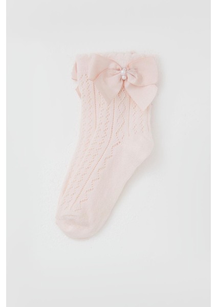 Kız Çocuk File Soket Çorap Fiyonk Aksesuarlı Incili 5-8 Yaş, Pembe