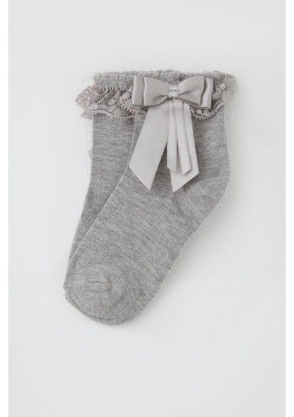 Kız Çocuk Soket Çorap Dantelli Fiyonk Detaylı 3-12 Yaş, Gri Melanj