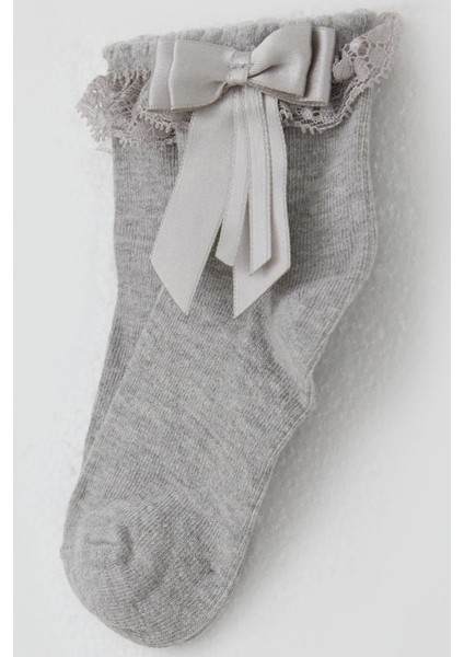 Kız Çocuk Soket Çorap Dantelli Fiyonk Detaylı 3-12 Yaş, Gri Melanj modelleri