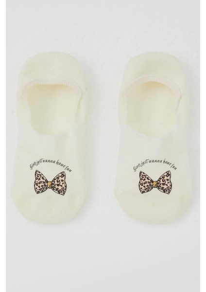 Kız Çocuk Babet Çorap Fiyonk Baskılı 5-14 Yaş, Ekru