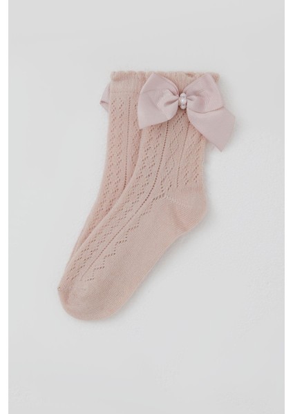 Kız Çocuk File Soket Çorap Fiyonk Aksesuarlı Incili 5-8 Yaş, Gülkurusu