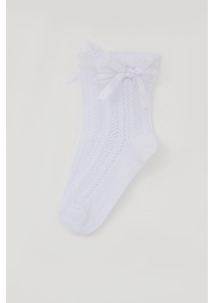 Kız Çocuk File Soket Çorap Bilek Kısmı Fiyonk Aksesuarlı 7-8 Yaş, Beyaz