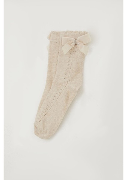 Kız Çocuk File Soket Çorap Bilek Kısmı Fiyonk Aksesuarlı Taşlı 9-12 Yaş, Bej Melanj