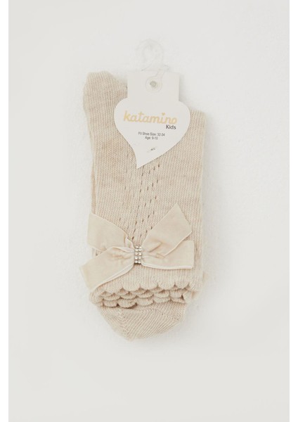 Kız Çocuk File Soket Çorap Bilek Kısmı Fiyonk Aksesuarlı Taşlı 9-12 Yaş, Bej Melanj fiyatları