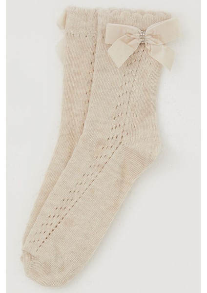 Kız Çocuk File Soket Çorap Bilek Kısmı Fiyonk Aksesuarlı Taşlı 9-12 Yaş, Bej Melanj modelleri