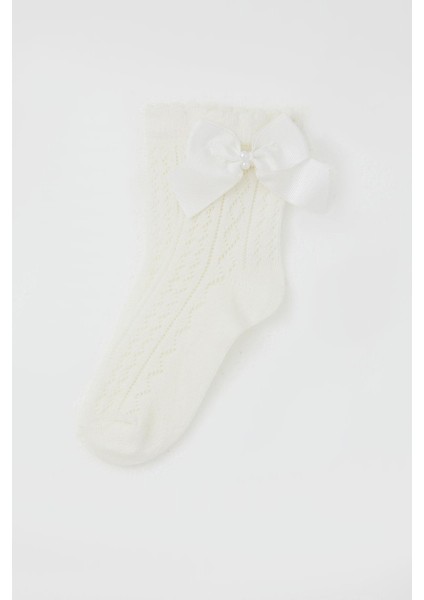 Kız Çocuk File Soket Çorap Fiyonk Aksesuarlı Incili 5-8 Yaş, Ekru