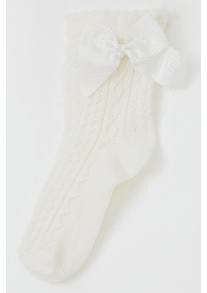 Kız Çocuk File Soket Çorap Fiyonk Aksesuarlı Incili 5-8 Yaş, Ekru modelleri