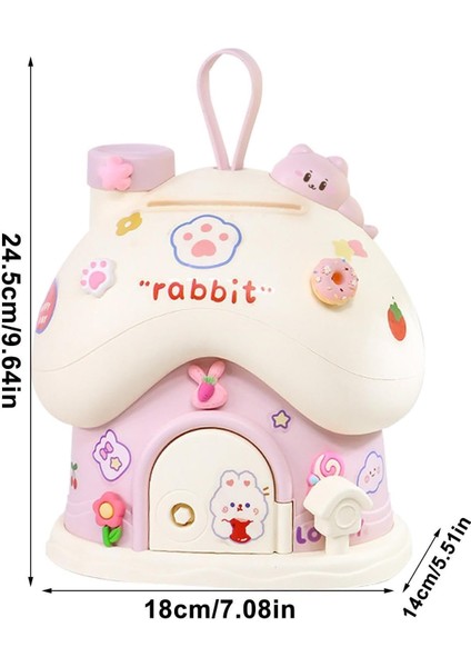 Sevimli Tavşan Ev Kumbara (Led Işıklı ve Sticker Hediyeli) Pembe Renk
