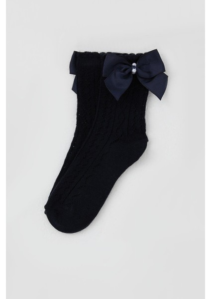 Kız Çocuk File Soket Çorap Fiyonk Aksesuarlı Incili 5-8 Yaş, Lacivert