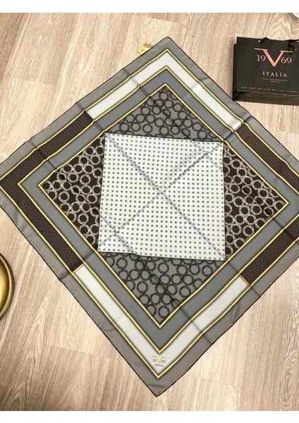 19V69 ITALIA Gri Mavi Twill Eşarp Gold Seri 90X90 cm Eşarp fiyatları