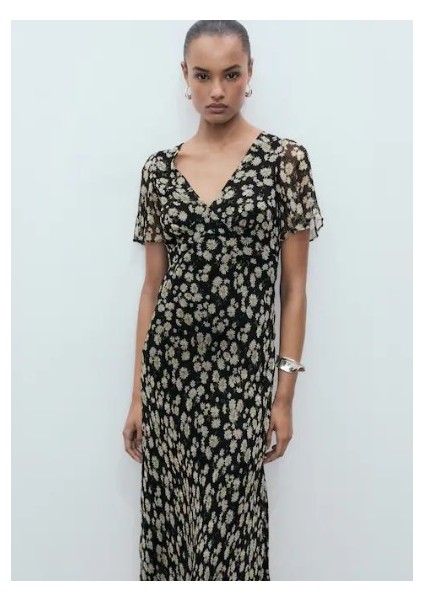 Çiçek Desenli Düz Kesim Midi Elbise