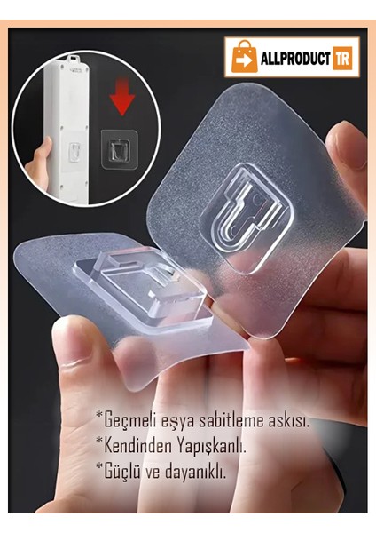 Şeffaf Geçmeli Klips Askı – Çift Taraflı Yapışkanlı, Delmeden Eşya Sabitleme ve Duvar Montaj Aparatı