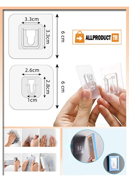 Şeffaf Geçmeli Klips Askı – Çift Taraflı Yapışkanlı, Delmeden Eşya Sabitleme ve Duvar Montaj Aparatı