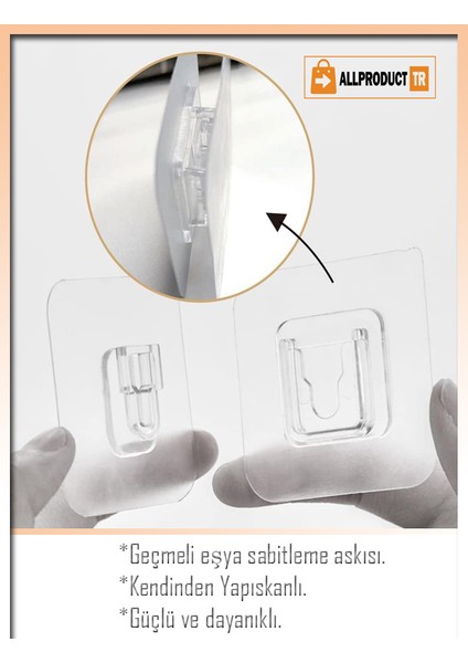 Şeffaf Geçmeli Klips Askı – Çift Taraflı Yapışkanlı, Delmeden Eşya Sabitleme ve Duvar Montaj Aparatı