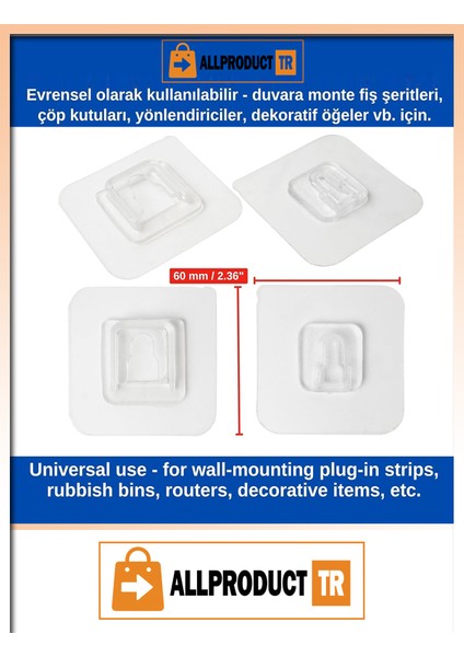 Şeffaf Geçmeli Klips Askı – Çift Taraflı Yapışkanlı, Delmeden Eşya Sabitleme ve Duvar Montaj Aparatı