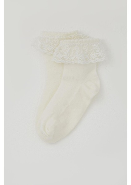 Kız Çocuk Soket Çorap Bilek Kısmı Dantel Detaylı 9-10 Yaş, Krem