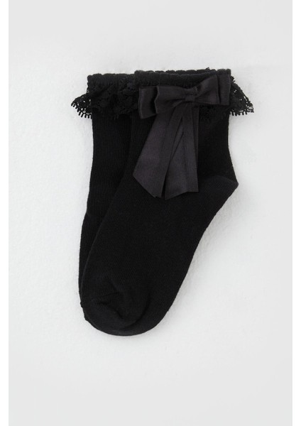 Kız Çocuk Soket Çorap Dantelli Fiyonk Detaylı 3-12 Yaş, Siyah