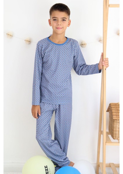 Erkek Çocuk Pijama Takımı Kare Desenli 9-12 Yaş, Mavi
