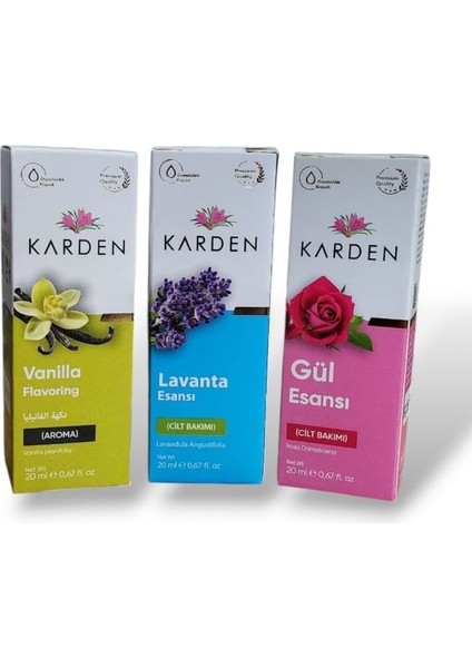 Esans Set 3'lü(Vanilya Aroma Verici 20 Ml, Lavanta Esansı 20 Ml, Gül Esansı 20ML) fiyatları