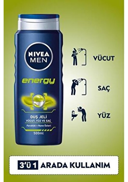 Men Energy Duş Jeli 3'ü 1 Arada Ferahlatıcı 500 ml x2 Erkekler İçin fırsatları