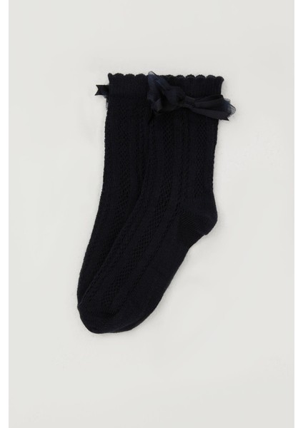 Kız Çocuk File Soket Çorap Bilek Kısmı Fiyonk Aksesuarlı 7-8 Yaş, Lacivert