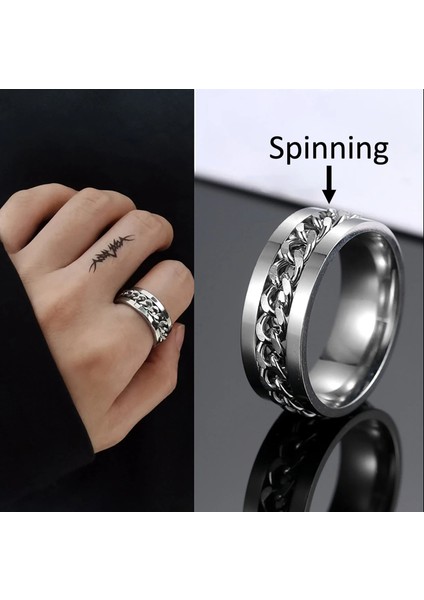 Ortası Dönebilen Zincirli Erkek Kadın Anti-stres Çelik Alyans Yüzük CL43