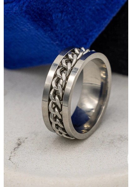 Ortası Dönebilen Zincirli Erkek Kadın Anti-stres Çelik Alyans Yüzük CL43