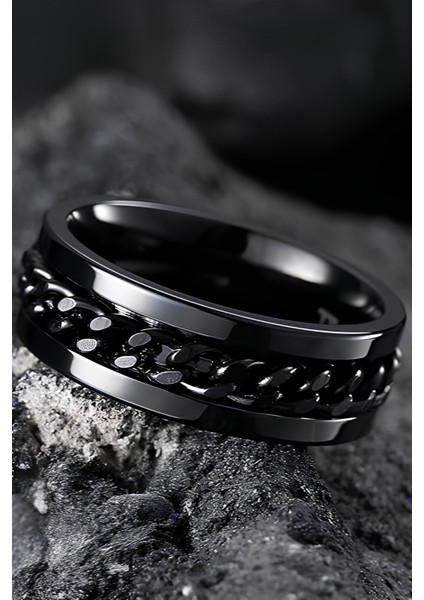 Ortası Dönebilen Zincirli Erkek Kadın Anti-stres Çelik Alyans Yüzük CL43