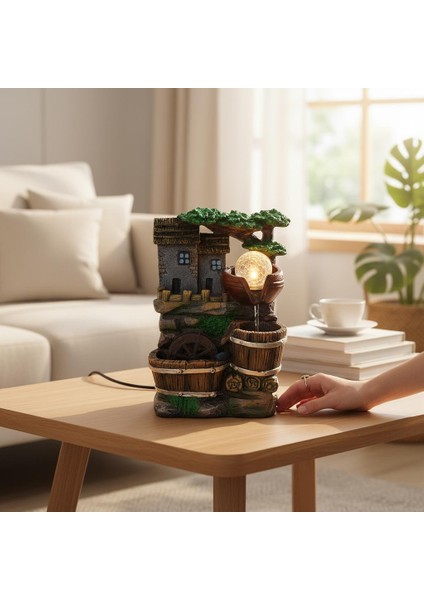 Işıklı Mini Su Değirmeni Şelale Ev Dekoru – Masaüstü Feng Shui Su Şelalesi Süs Objesi
