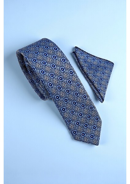 Slim Mozaik Desen Mavi Kravat & Mendil